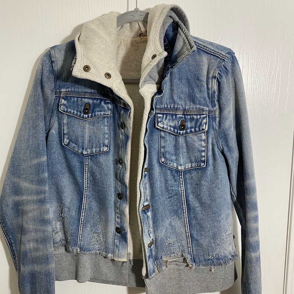 Free People destructed denim sweatshirt jacket